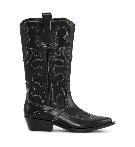 Shoe Biz / Mid Length Boot Thora Calf / Black w. cream stitching